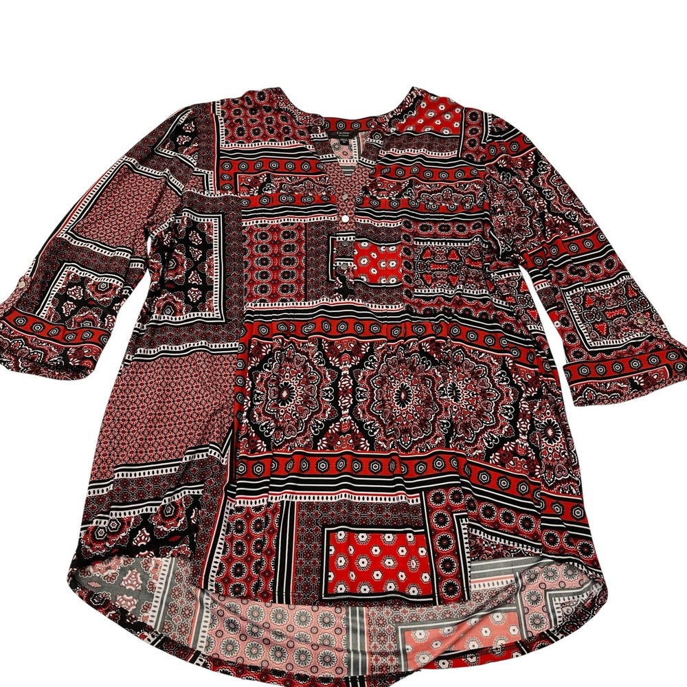 Cocomo Women Top Red Patchwork Jersey Knit Popover Tunic Womens 3X Stud Detail